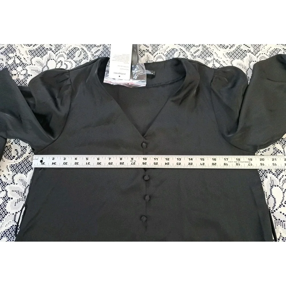 Pretty Garden Dress M Black V Neck Balloon Sleeves Satin‎ Tie Knee Length NWT
